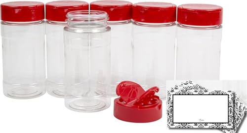 Baire Bottles 8 oz Empty Clear Plastic Spice Jars Shaker Lids 6 Pk Sifter Shaker Holes and Pour Open Sides Sealed for Freshness Liners BPA Free Waterproof Labels USA (Red Flapper Lid, Damask Labels)