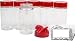 BAIRE BOTTLES - 8 oz CLEAR PLASTIC SPICE JARS, 6 Pack, Red Flapper Lid, Sifter Shaker Holes and Pour Open Sides,"Sealed for Freshness" Liners, PET, BPA Free - BONUS 6 DAMASK LABELS