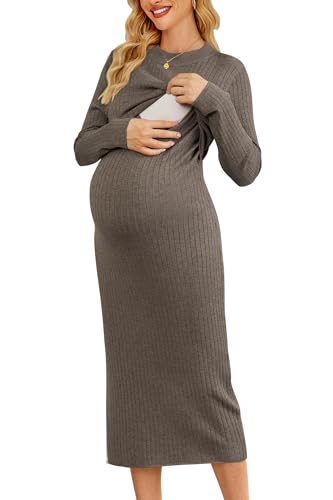 OUGES Wollmischung Damen Stillkleid Langarm Umstandskleid Herbst...