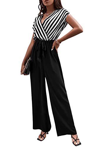 Sweatyrocks Women's Striped Short Sleeve Wrap Tie Front Wide Leg Pants Jumpsuit Romper Black White M #TOP3
