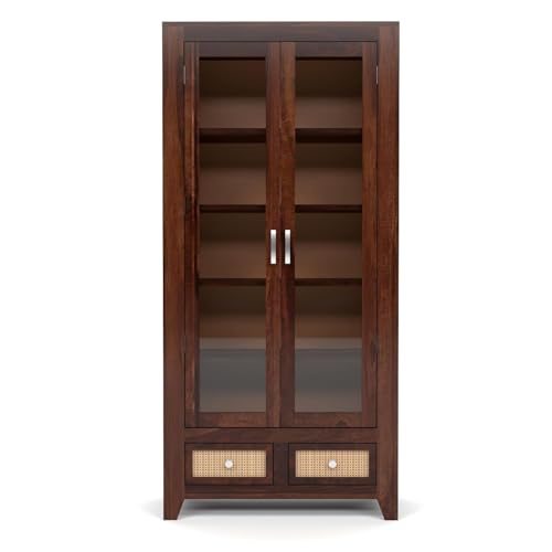 Image of Solid Sheesham Wood Book Cabinet with Acrylic Glass Doors | Rosewood Display Storage Unit with Shelves & Drawers for Home & Office | Louge (B-Walnut)