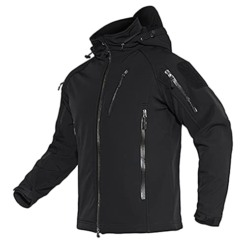 Hcclijo Men Military Tactical Hooded Softshell Army Jacket Coat Black M
