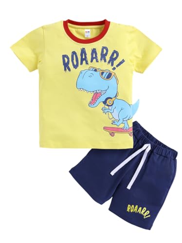 Image of LITTLE NINJA Pure Cotton Knee Length Half Sleeve Roaring Dinasour Printed Tee & Shorts Set - Yellow 0-6M