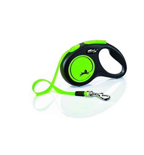 Image of FLEXI New Neon Tape Retractable Dog Leash for Small Dogs Upto 15kgs. - 16 ft., Green | Tangle Free Pet Walking Leash with One-Handed Brake, Pause, Lock | German Quality Product