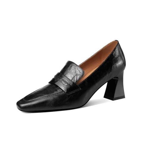 TinaCus Genuine Leather Square Toe Handmade Chunky Heels Slip On Women's Pumps Shoes