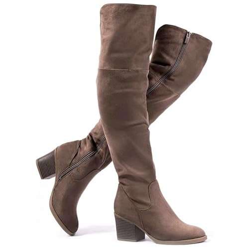 katliu Women's Thigh High Boots Sexy Stacked Block Heel Boots Over the Knee Khaki 7