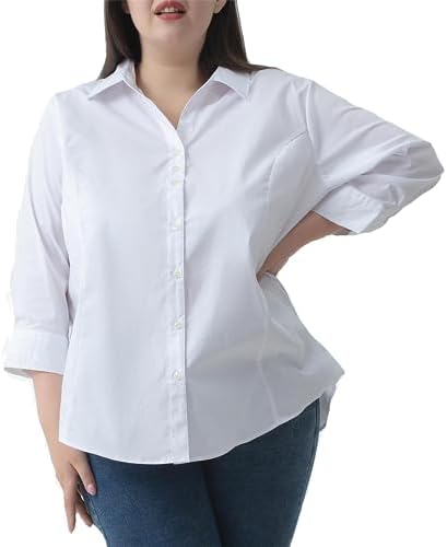 Double Pump Plus Size 3/4 Sleeve Shirts for Women Button Down Shirts V Neck Women Blouses Tops Business Casual Stretch Shirts