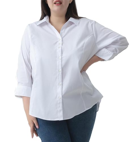 Plus Size 3/4 Sleeve Shirts for Women Button Down Shirts V Neck Women Blouses Tops Business Casual Stretch Shirts
