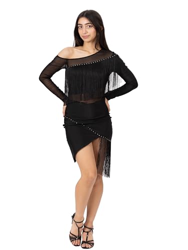 IKAANYA Women's Rhinestones Leotard Performance Dress with Fringe...