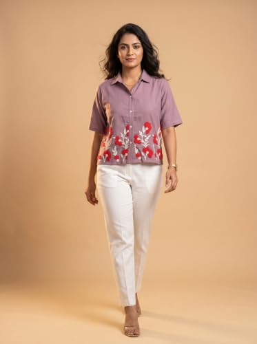 Image of Stylish Women's Embroidered Shirts | Geometric Pattern Half Sleeve Collared Button-Up Casual Shirt for Women