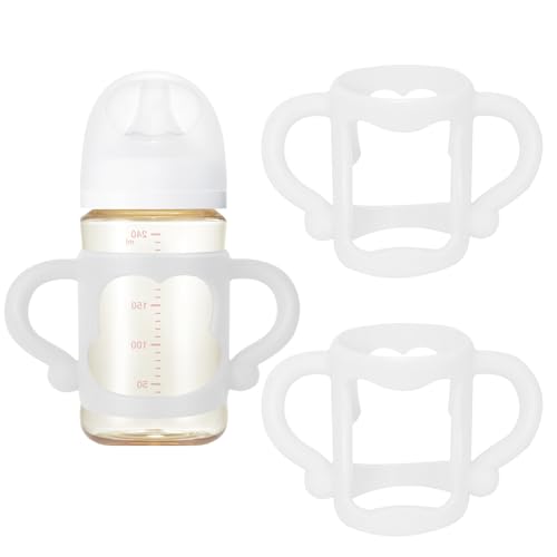 2 Pcs Silicone Baby Bottles Handle Wide Neck Bottle Grip Universal Fit Baby Bottle Holders for Baby Self Feeding (White)