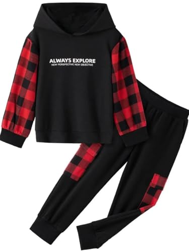 Image of OLMRJKD Toddler Baby Boy Clothes Plaid Long Sleeve Hoodie Sweatshirt + Pants 2pcs Boys Outfit Set