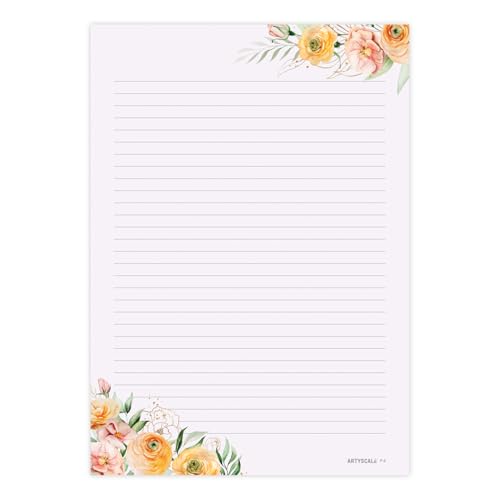 Image of A4 Designer Paper Sheets - 100 GSM Writing Paper - One Side Ruled One Side Blank - For School Projects, Assignments, Office Use & Printing - Floral Theme - 25 each design (100 Sheets)