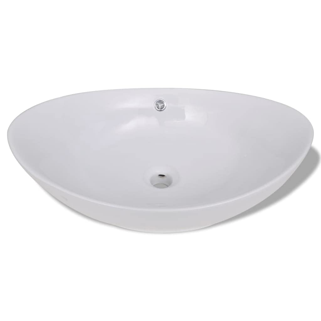 Fregadero ovalado de cerámica para baño, de alto brillo, ovalado, con rebosadero, elegante, ovalado, con orificio de rebosadero, cerámica, ovalado, 59 x 38,5 cm