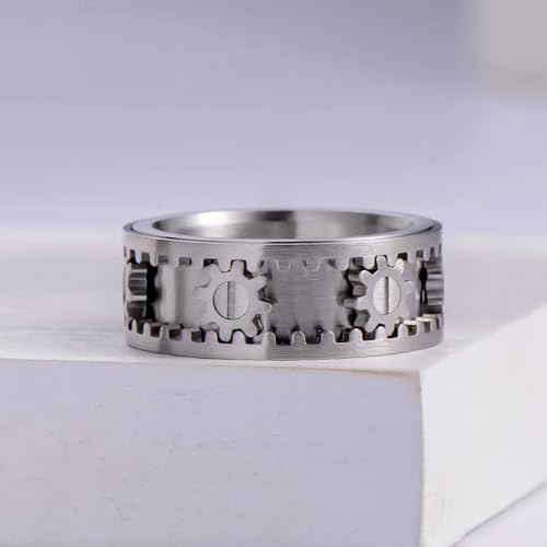 Fidget Rotatable Gear Spinner Ring - Titanium Steel Steampunk Mechanical Anxiety Relief Ring, Silver Unisex Accessory for EDC2