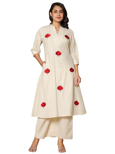 Image of INDO ERA Women's's Pure Cotton Embroidered Kurta Women | Floral Neck & Hem Embroidery | Cotton Kurta Women |