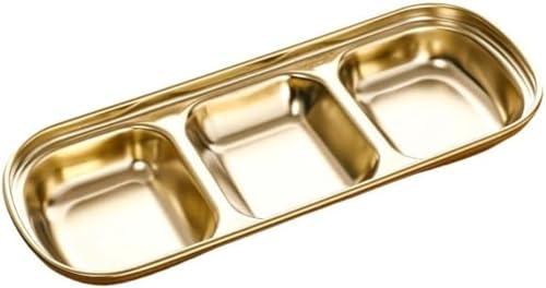 YinFENG 韓国食器 三区分皿 6個 304ステンレス製ソ 醤油 薬味 仕切皿 小皿 漬物 キムチ 涼菜 醤油調味料 スパイス 酢 韓国料理 焼肉 焼き肉 家庭 旅館 飲食店用 (金6個,3グリッド)