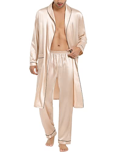 SWOMOG Men's Satin Robe Silky Kimono Bathrobe Set Lightweight Soft Loungewear Nightwear
