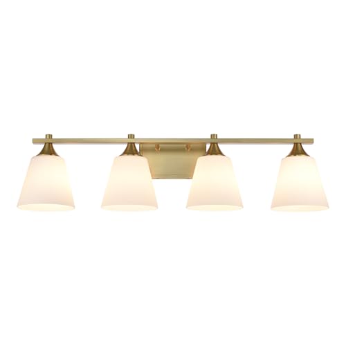 Image of Brass Bathroom Vanity Light Fixtures, 4 Lights American Traditional Gold Vanity Lighting Fixture with Opal Glass Shade, Porch Wall Mount Light Fixture for Bathroom, Mirror Cabinets Hallway Stairs