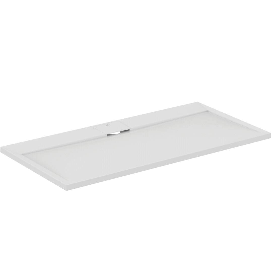 Ideal Standard - Ultra Flat S i.life, Plato de ducha rectangular 140 x 70 cm, de resina, desagüe lateral largo, acabado mate efecto piedra, blanco