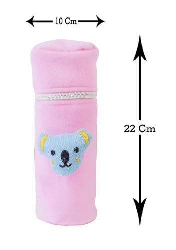 Image of Soft Plush Stretchable Baby Feeding Bottle Cover Easy to Hold Strap and Zip | Suitable for 130 ML-250 ML Feeding Bottle-Light Pink-Dark Red
