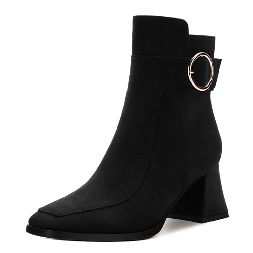 Women's Black Square Toe Mid Heel Ankle Booties with Side Zipper, Fashion Buckle Strap Ankle Boots for Women