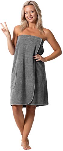 Robe Direct Women’s Terry Cloth Spa and Bath Towel Wrap with Adjustable Closure & Elastic Top (Gray, Large/One Size)