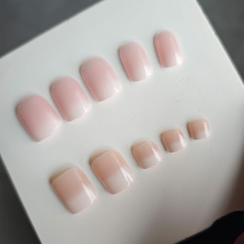 Image of 48 Pcs Ombre Press on Nails & Press on Toenails Set Short Square False Nail Glossy Full Cover Fake Nails Pink White Glue on Nail Artificial Acrylic Stick on Toe Nail for Women Summer Manicure