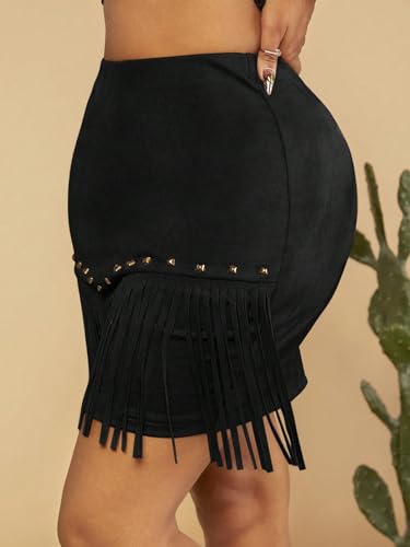 Women's Studded Fringe Hem Skirt Tassel High Waist Bodycon Skirts4