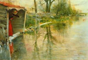 Peinture à l'huile Grez sur Loing 1887 Carl Larsson tableau 16x20