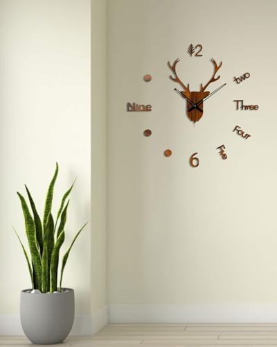 Image of cozyloom Deer Face Wooden Wall Clock | Decorative Wall Decor for Living Room, Bedroom, Office & Home | Brown Design Wall Clock.