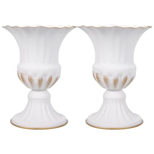 JEWEDECO 2 Jarrones Conmemorativos para Cementerio de Hierro Color Blanco Detalles Dorados Porta Ramo Resistente Intemperie Adecuado para Decoración de Tumbas y Arreglos Funerarios