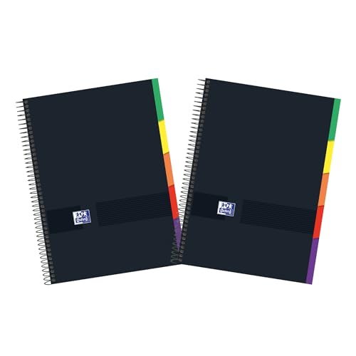 Oxford Black N'Colours Lot de 2 cahiers A4+, micro-perforés, couverture extra rigide, 100 feuilles, quadrillage 5 x 5, lot de 2 carnets, 5 onglets