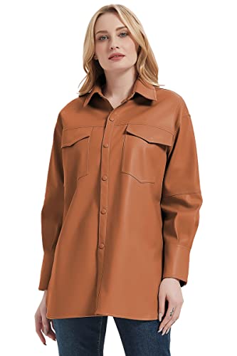 RISISSIDA Jaqueta feminina de couro sintético Shacket blusas moda primavera e outono, camisas soltas