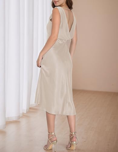 Image of Summer Satin V Neck Backless Midi Dresses for Women 2025 Silky A line Formal Low Back Sleeveless Wedding Guest Long Dress