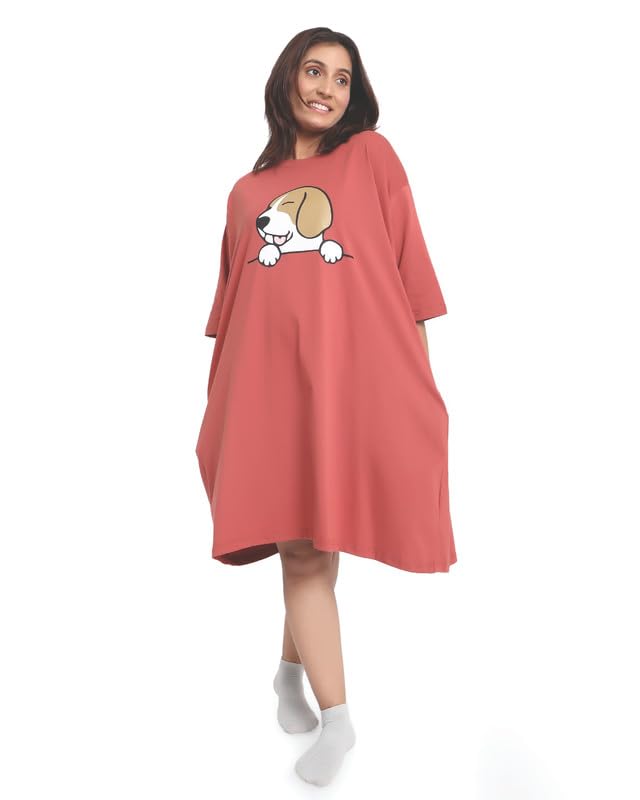 Image of LAMA STORE Women's Printed Oversized T-Shirt Dress, Cotton, 3 /4 Sleeve Length, Casual Loose Fit, Comfort Wear Extra Comfy Oversized Printed Pocket T-Shirt Dress