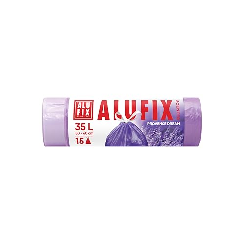 Sacs poubelle ALUFIX avec cordon de serrage, PEHD standard/ 35 l - 15 sacs poubelle - 1 rouleau/ 15 µm/parfum lavande/violette/sac poubelle, sacs à déchets/...