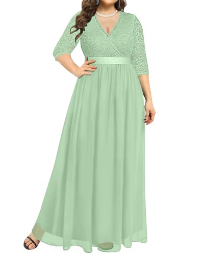 Image of Pinup Fashion Wedding Dresses for Bride Plus Size - Formal Evening Gown Wrap Neck Lace Chiffon Long Dress