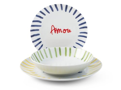 SET PIATTI COMPLETO PER 6 PERSONE: Include 18 pezzi con 6 piatti piani da 27 cm, 6 piatti fondi da 21 cm e 6 piatti frutta da 20,5 cm.
