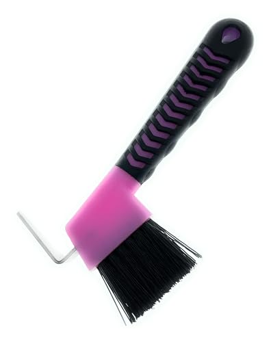 Image of Horse Hoof Pick with Brush, Pink | Steel pick, stiff bristles and non-slip ergonomic handle for removing packed mud, stones and debris.