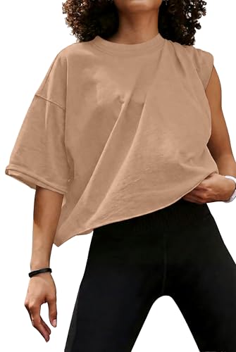 JINKESI Women's Loose Workout Crop Tops Casual Short Sleeve Drop Shoulder T-Shirts Basic Loose Yoga Running Tees Light Khaki-M