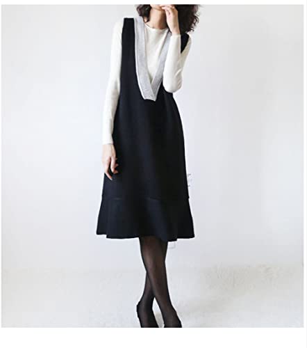 Cashmere Knitted Color Block Sweater Vest Sleeveless V-Neck Sweater Midi Dress,Black-L4