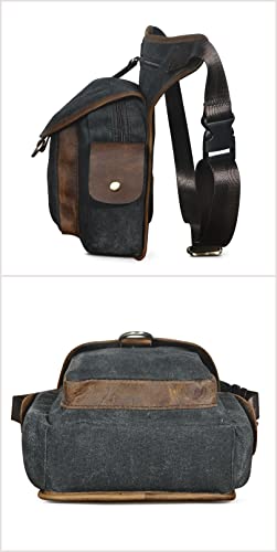 Le'aokuu Men Canvas and Genuine Leather Messenger Waterproof Shoulder Bag Motorcycle Tactic Fanny Belt Waist Bag Pack Pouch Drop Leg Bag 9938 (Black) - Image 3
