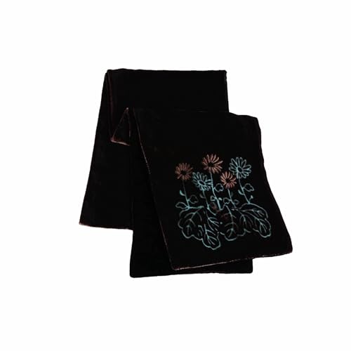 Double - Layer Silk Base Velvet Oblong Scarf, Embroidery, Brown and Black