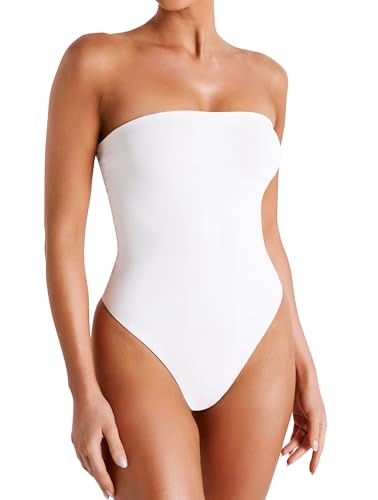 Women's Strapless Tube Bodysuit Double Lined Slim Fit Backless Thong Bodysuits Tops2