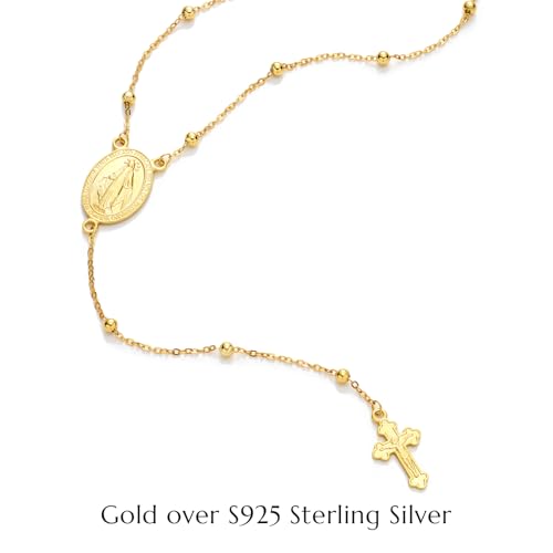 NORBU 925 Sterling Silver Rosary Bead Cross Y Necklace for Women with Miraculous Medal, Mother Mary Necklace Christian Jewelry Religious Gift for Her2