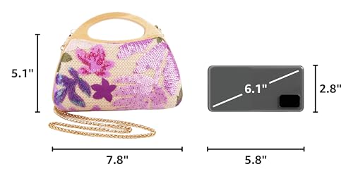 Image of Women Straw Sequin Embroidered Flower Evening Handbag Clutch Purse Wooden Handle for Beach Holiday Party, Purple(random Pattern)