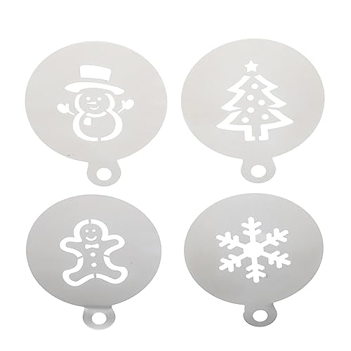 TOPPERFUN 4Pcs Christmas Cake Stencils Easy to Use Baking Templates for Coffee Decorating Gingerbread Man Snowflake Snowman Christmas Tree Designs for Desserts and Festive