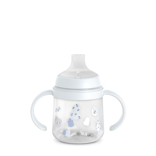 Suavinex, Vaso Aprendizaje Bebé, Boquilla de Silicona, Biberón con Asas, con Sistema Anticólico, Tapa Protectora, Vaso Antiderrame, 150 ml, Bébés +6 Meses, Apto Lavavajillas, Wild&Free Azul