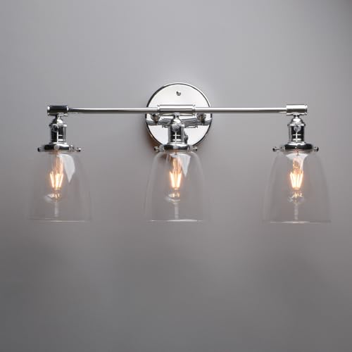Image of Phansthy 3-Light Wall Sconces Antique Brass Vanity Light, Industrial Wall Lamps with On Off Switch and Clear Glass Lampshade, Vintage Wall Lighting for Bathroom Living Room (Chrome, Bell Shade)